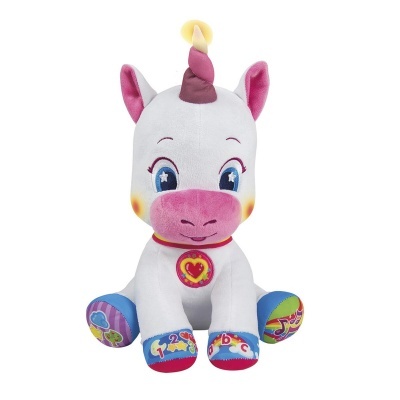 Pelúcia de unicórnio branco com detalhes coloridos sentada