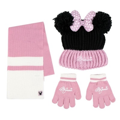 Conjunto infantil de inverno com cachecol, gorro e luvas rosa e preto Minnie