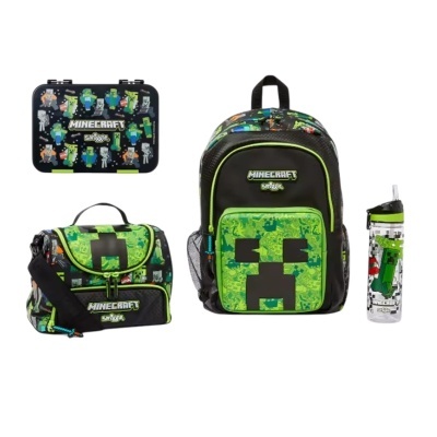 Conjunto de mochila, lancheira, estojo e garrafa com tema Minecraft em preto e verde.