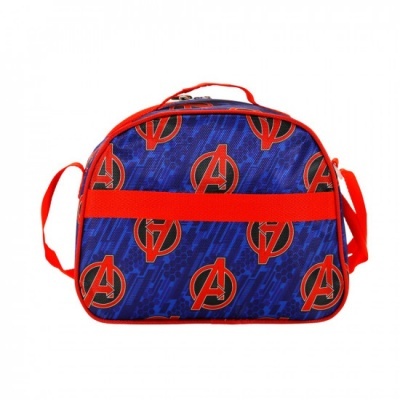 Mala azul com logotipo Avengers em padrão vermelho e azul