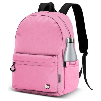 Mochila rosa com bolso frontal, alças pretas, bolso lateral com garrafa e emblema Hello Kitty