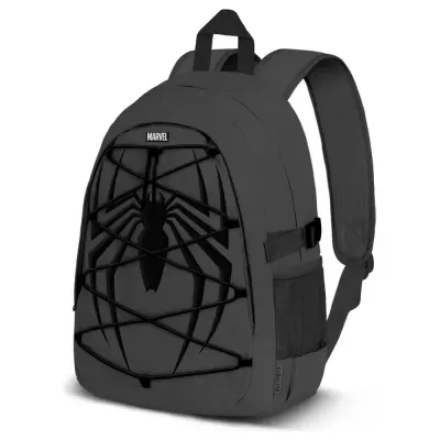 Mochila preta com símbolo de aranha e cordões elásticos frontais