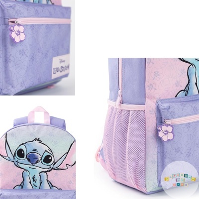 Mochila infantil lilás com estampa do personagem Stitch e detalhes em rosa