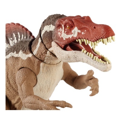 Figura de dinossauro vermelho e castanho com boca aberta