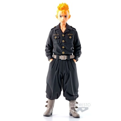 Figura colecionável masculina com macacão preto e botas cinzentas em fundo branco