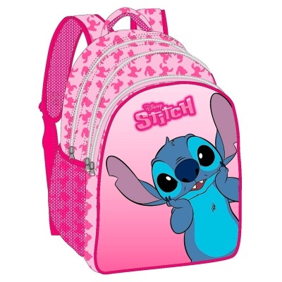 Mochila rosa infantil Disney Stitch com padrão e dupla divisão