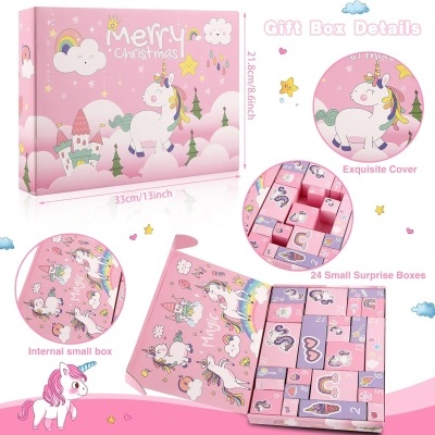 Caixa de presente rosa com tema de unicórnios, nuvens, arco-íris e castelo, texto Merry Christmas.