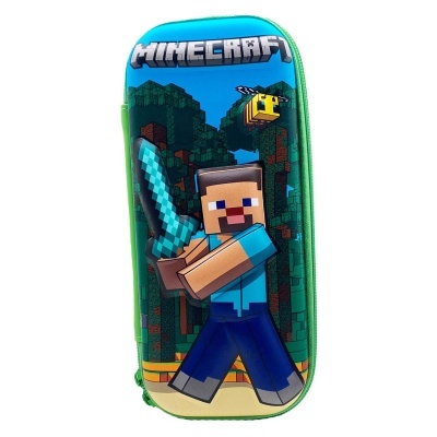 Estojo rígido azul e verde com personagem do Minecraft segurando espada pixelizada