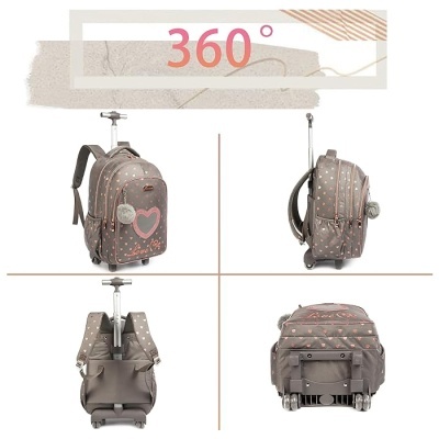 Mochila castanha com estrelas cor-de-rosa e coração, com rodinhas e alça extensível vista por quatro ângulos