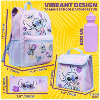 Conjunto escolar lilás com mochila, estojo e lancheira do Lilo & Stitch com flores e garrafa na cor lilás