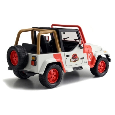 Veículo de brinquedo Jeep branco com vermelho e castanho e logótipo Jurassic Park