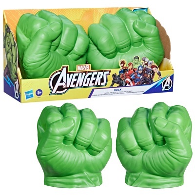 Luvas verdes em forma de punho do Hulk com embalagem do Marvel Avengers