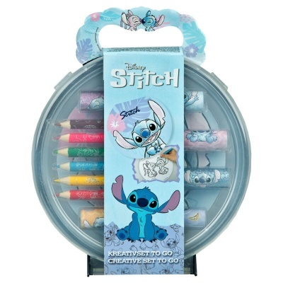 Conjunto de arte Disney Stitch com lápis de cor e carimbos em caixa azul