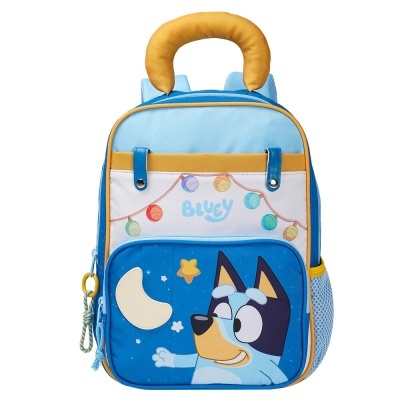 Mochila infantil azul com personagem de desenho animado e texto BLUEY