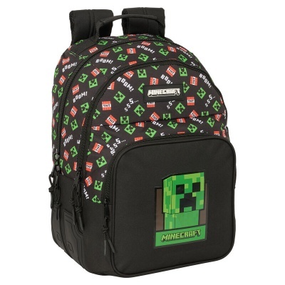 Mochila preta com padrão colorido e tema Minecraft