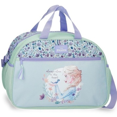 Mala azul clara e lilás da Frozen com padrão floral e ilustração de personagem.