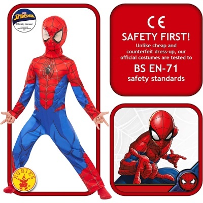 Fato de Carnaval Homem-Aranha azul e vermelho com máscara e padrão de teia