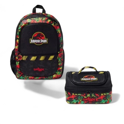 Mochila e estojo Sniggle com padrão de folhas e dinossauros, logótipos de Jurassic Park