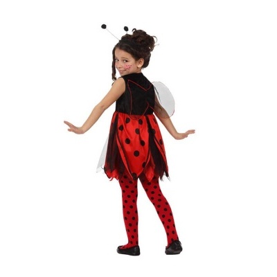 Fato de joaninha para criança com vestido vermelho e preto e asas transparentes