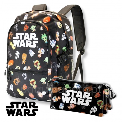 Mochila e estojo Star Wars pretos com personagens coloridos em estilo cartoon e texto STAR WARS branco