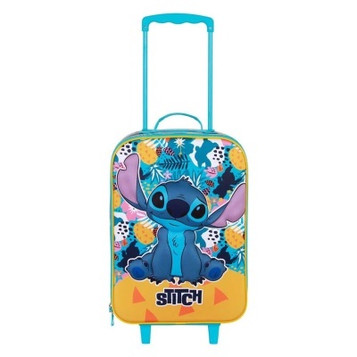 Mala de viagem infantil amarela e azul com personagem Stitch e padrão tropical.