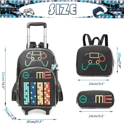 Mochila preta de rodinhas, mochila pequena e estojo com padrão colorido de jogo