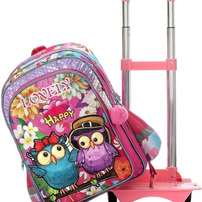 Mala de rodinhas rosa com estampa de corujas e flores