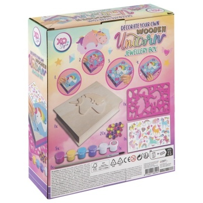 Caixa para jóias de madeira com acessórios para decorar, tema unicórnio