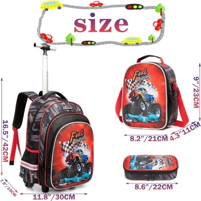 Mochila infantil com carrinho de corrida azul, mais mochila pequena e estojo, com medidas indicadas.