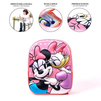 Mochila escolar rosa com personagem Minnie 3D EVA e bolso amplo