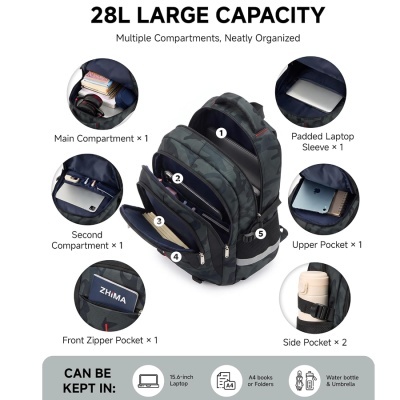Mochila camuflada com múltiplos compartimentos e alta capacidade