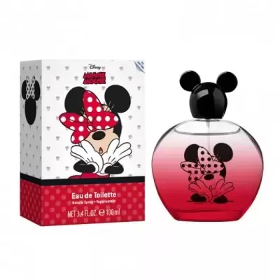 Perfume infantil Disney Minnie Mouse com frasco vermelho e tampa preta em forma de Mickey