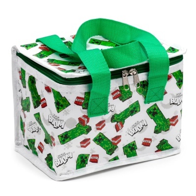 Bolsa térmica com padrão de blocos verdes e vermelhos, alças verdes e zíper prateado