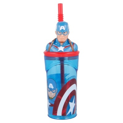 Copo de plástico azul com personagem Capitão América e canudo vermelho