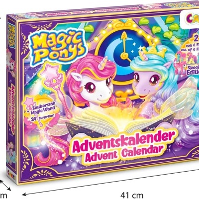Caixa do calendário do advento Magic Ponys com pónis coloridos e texto em alemão e inglês.