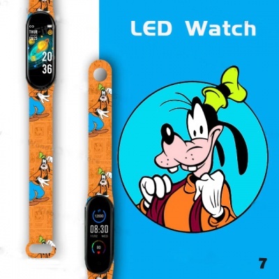 Relógio LED com bracelete estampado com personagem Pateta e mostrador digital colorido