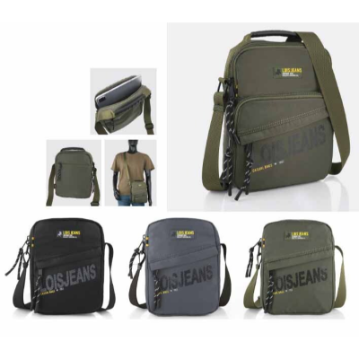 Quatro bolsas tiracolo Lois Jeans em diferentes cores, com alças ajustáveis e texto de marca.