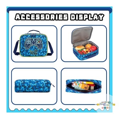 Conjunto de mochila térmica e estojo azul com padrão camuflado e imagem de comando de videojogo