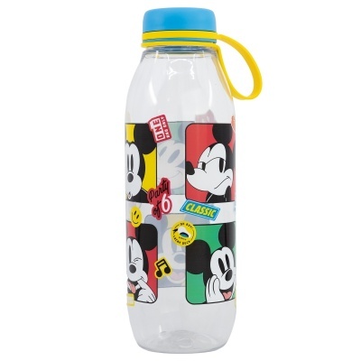 Garrafa plástica transparente com tampa azul, alça amarela e decoração do Mickey Mouse