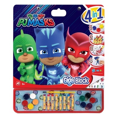 Produto infantil PJ Masks com lápis, tinta e pincel em embalagem colorida