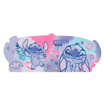 Cartão decorativo com personagens Stitch e Scrump da Disney em fundo azul, rosa e lilás