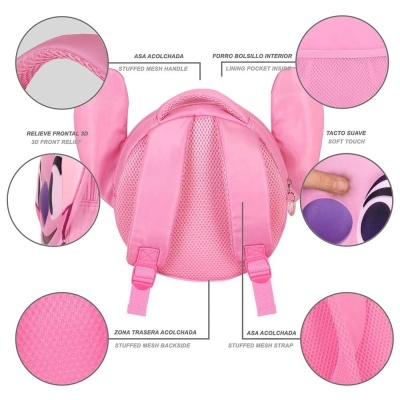 Mochila rosa com várias características detalhadas, como alças acolchoadas e textura 3D.