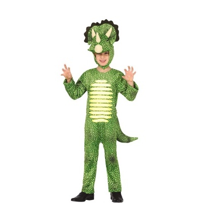 Fato infantil verde de dinossauro tricératope com máscara e cauda