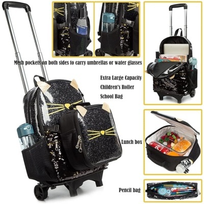 Mala de rodinhas preta brilhante com bolsos e design de gato para crianças