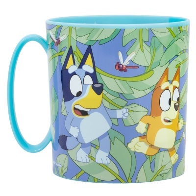 Caneca cerâmica azul com personagens animados de cães e folhas verdes