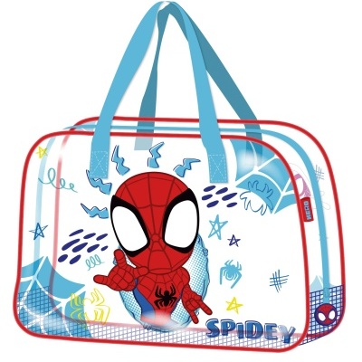 Mala infantil transparente com personagem Spiderman e texto SPIDEY