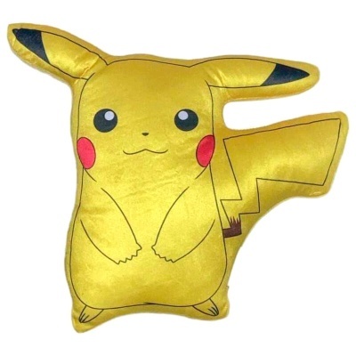 Almofada amarela em forma do Pikachu com detalhes pretos e vermelhos