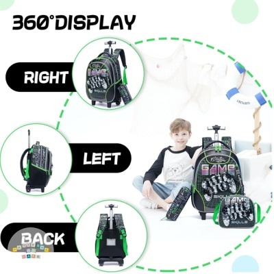 mochila escolar preta e verde com padrão de caveiras e texto GAME com criança ao fundo