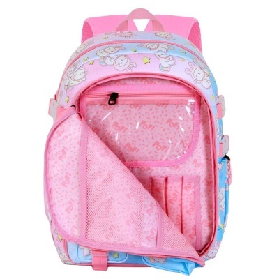 Mochila infantil rosa e azul com padrão de coelhos e interior cor-de-rosa