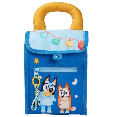 Bolsa térmica infantil azul com duas figuras de cães e alça amarela